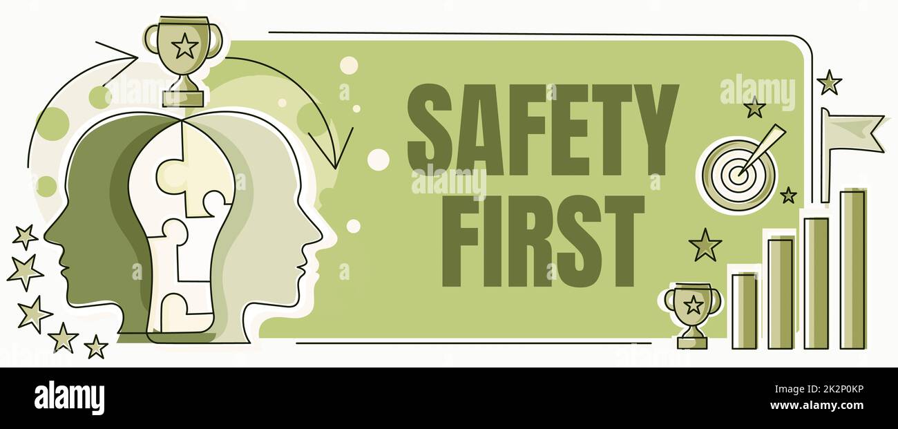 Konzeptionelle Anzeige Sicherheit geht vor. Wort für Vermeidung unnötiger Risiken Leben Sie sicher und vorsichtig. Achten Sie auf zwei „Heads Connected“-Puzzle, in dem Probleme gelöst und Erfolge geteilt werden Stockfoto