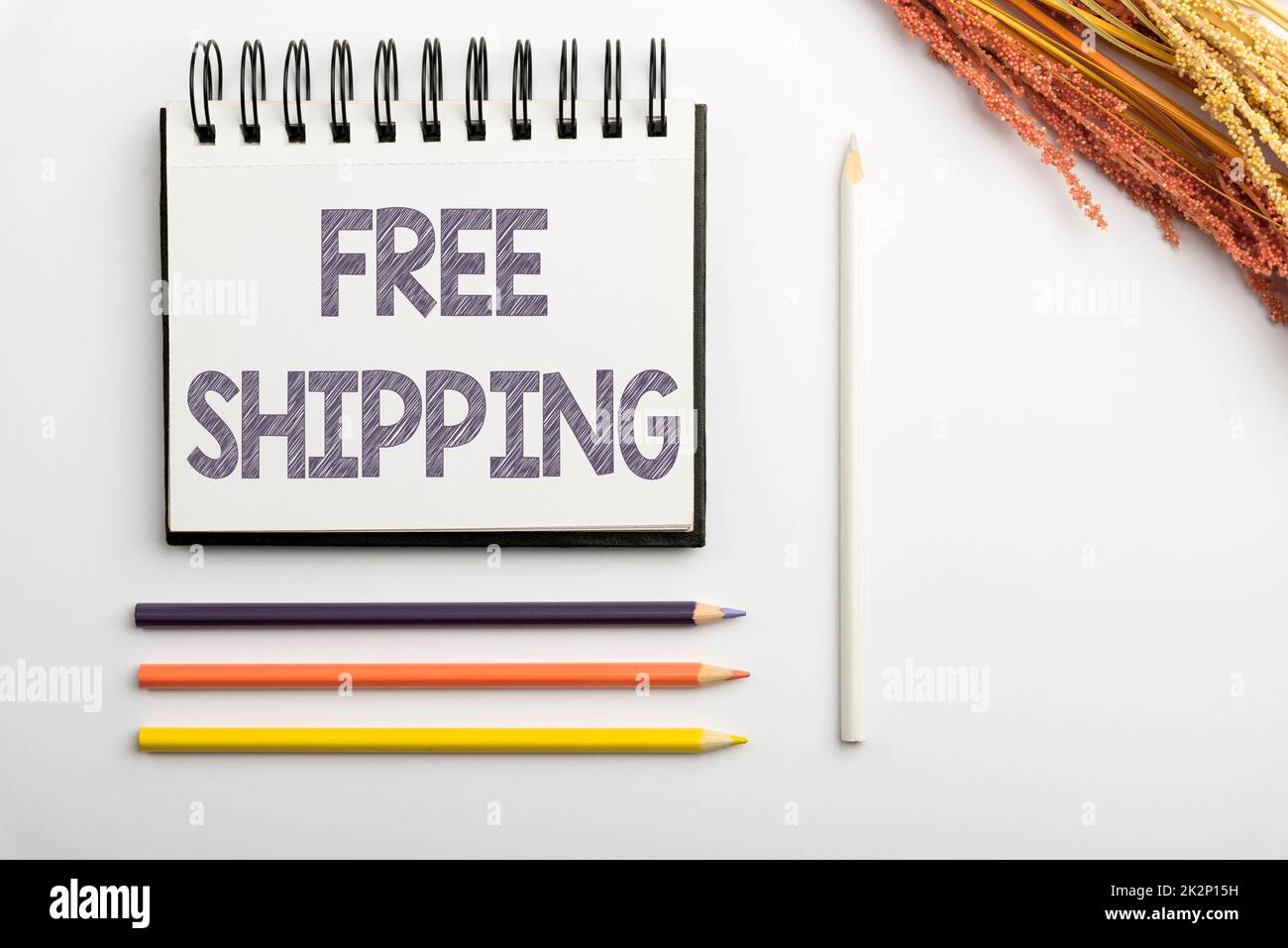 Schild mit der Aufschrift „Kostenloser Versand“. Business Showcase Fracht Fracht Konsignation Fracht Fracht Fracht Fracht Fracht Fracht Fracht Fracht Fracht Versandkarton schickes Schulbüro Zubehör, Lehrersammlung, Schreibwerkzeuge Stockfoto