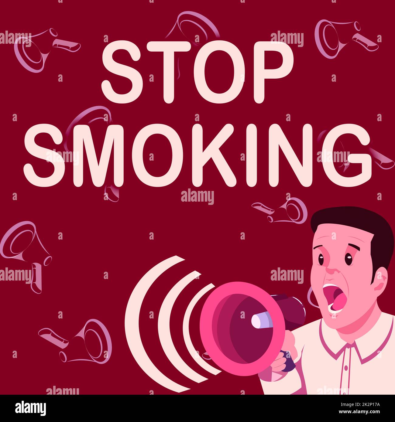 Konzeptunterschrift Rauchen stoppen. Ein Wort über die Einstellung oder Einstellung des Tabakkonsums Geschäftsmann, der über Megaphone spricht und eine wunderbare Neuankündigung macht Stockfoto