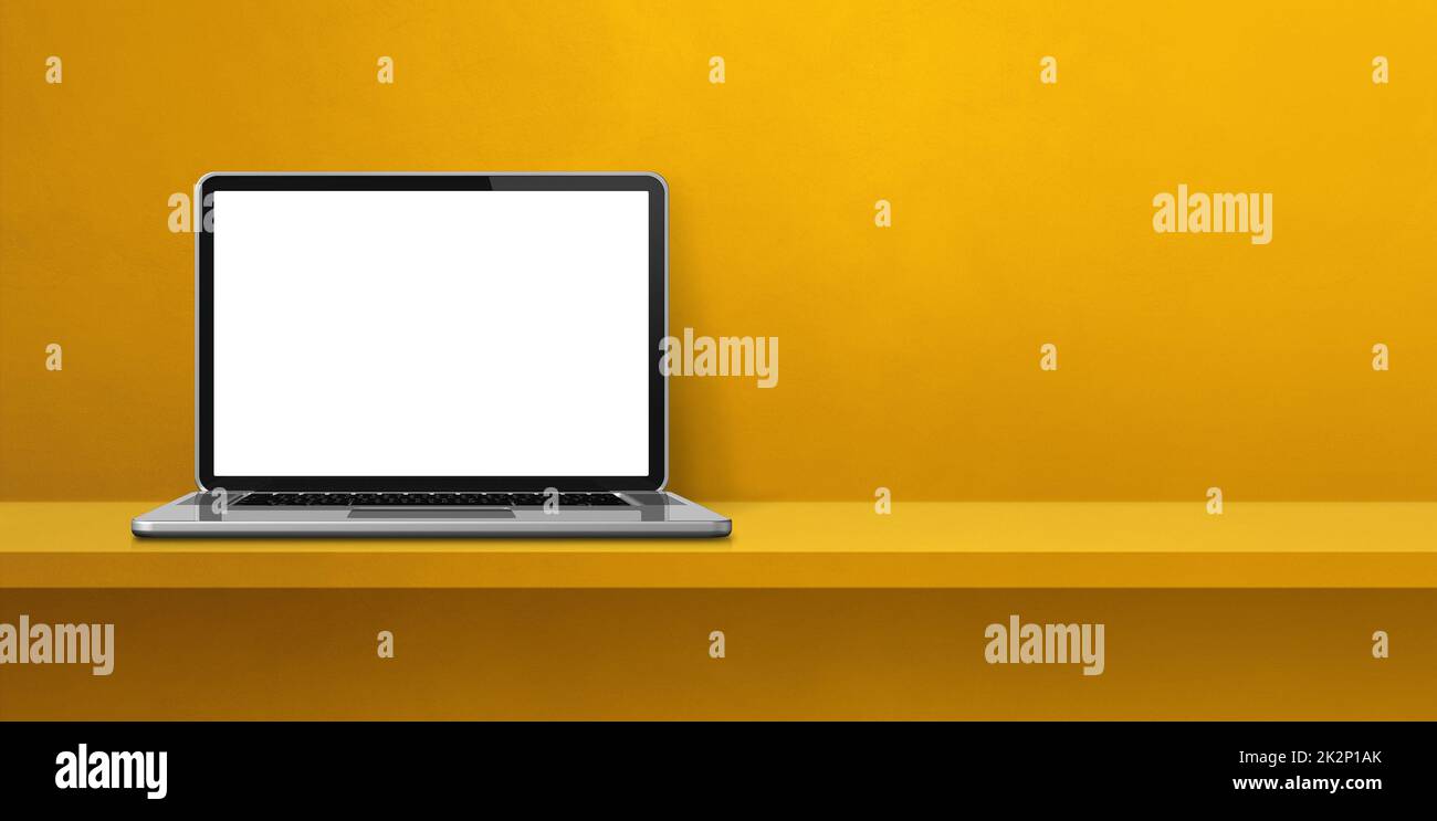 Laptop-Computer auf gelbem Regalbanner Stockfoto