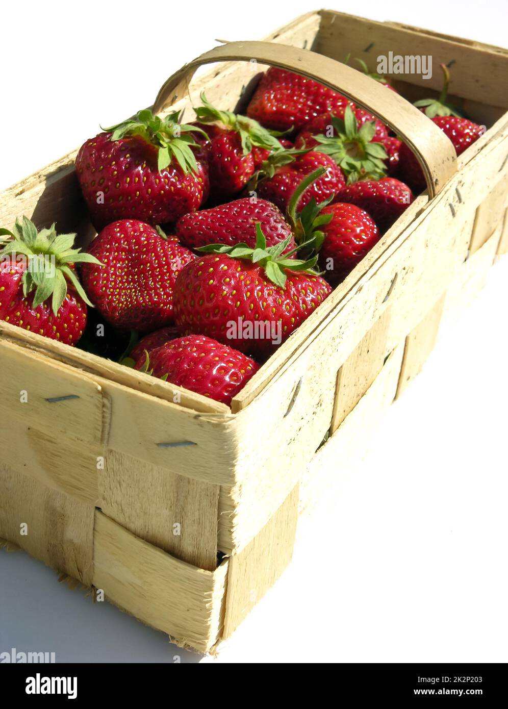 Frische Erdbeeren in einem Chipkorb vor weißem Hintergrund Stockfoto