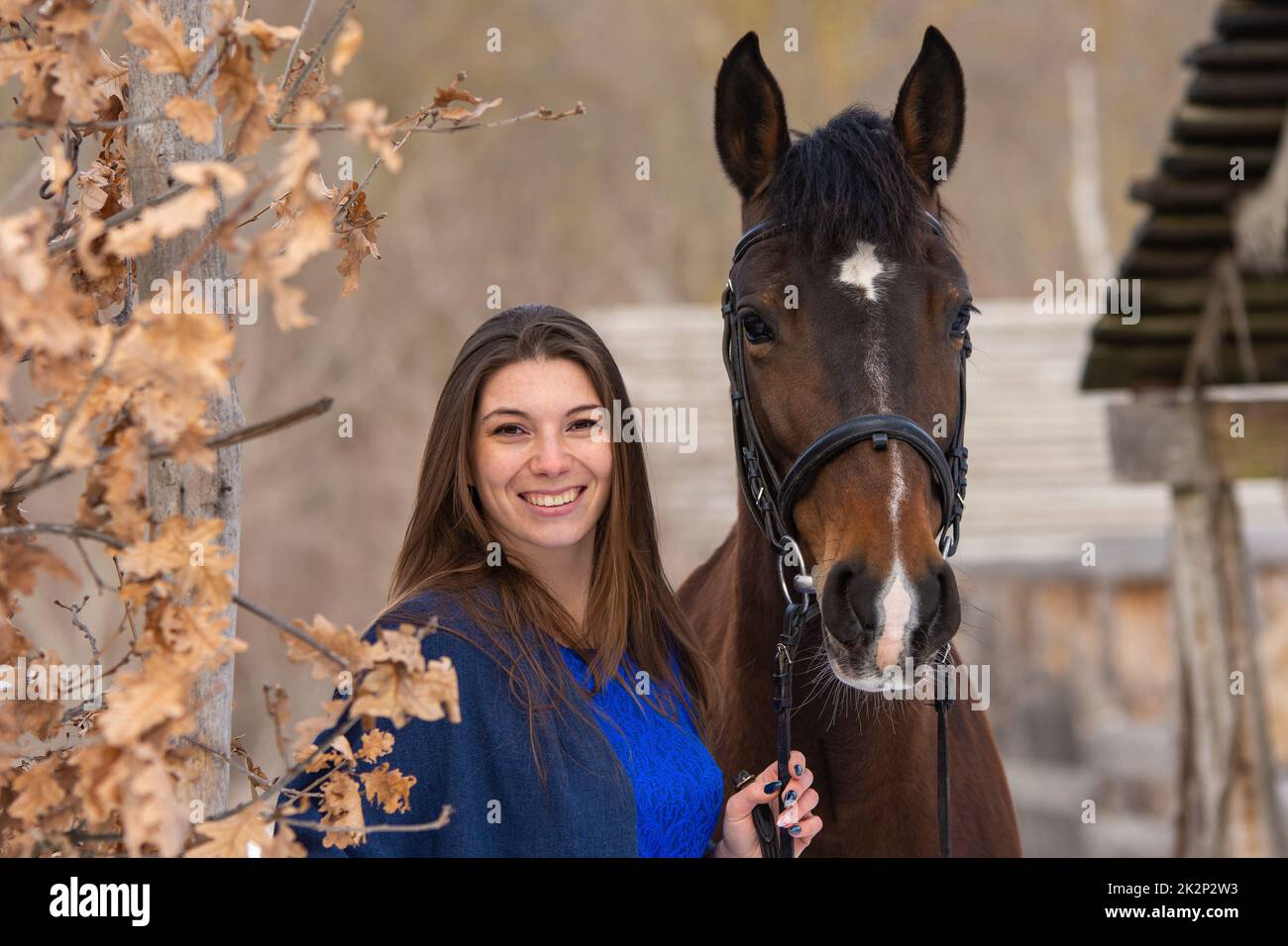 Nahaufnahme eines Pferdes und eines schönen Mädchens mit slawischem Aussehen, vor dem Hintergrund eines Winterwaldes und eines alten Bauernhofes Stockfoto