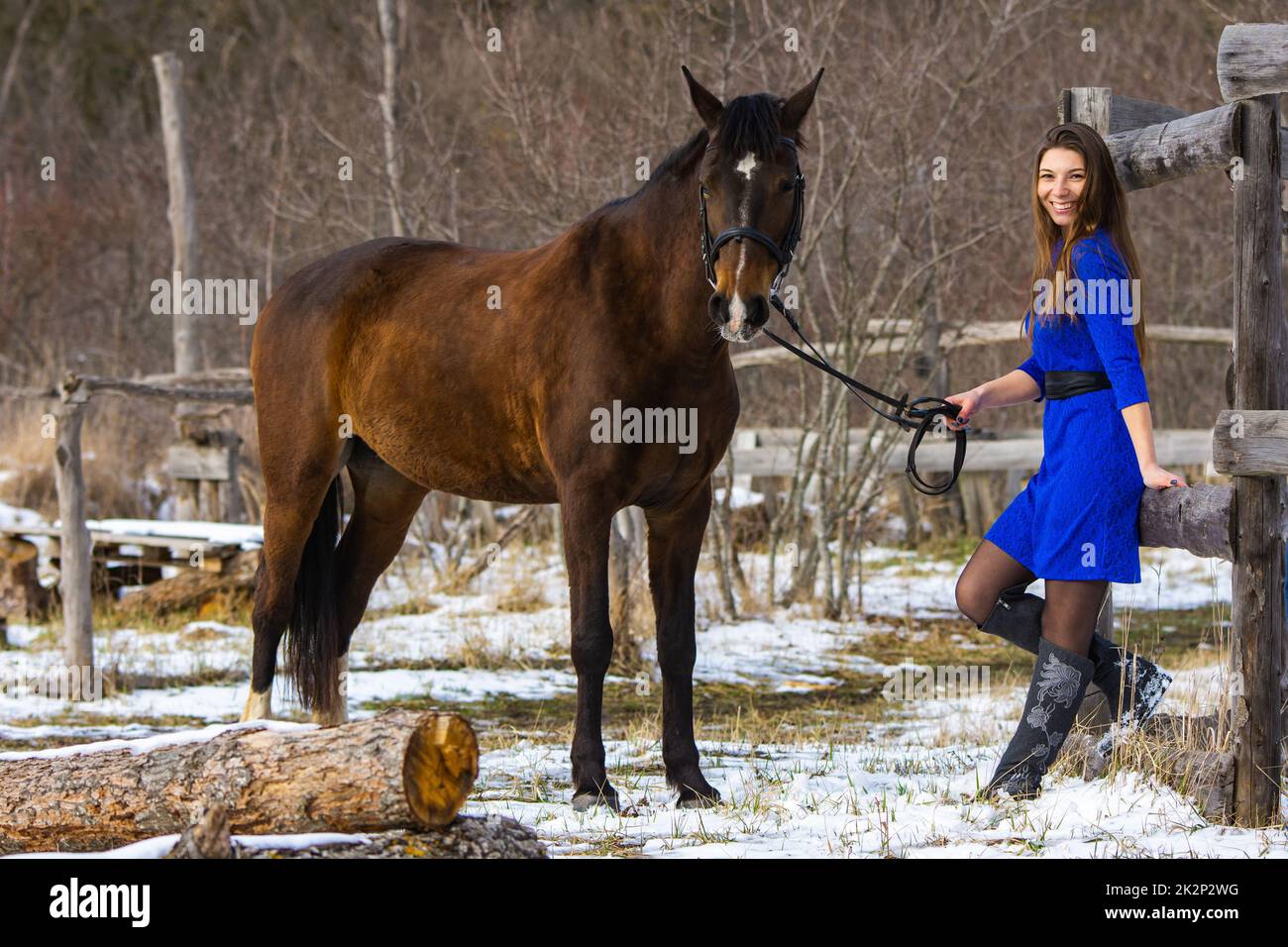 Ein schönes Mädchen in einem kurzen blauen Kleid geht im Winter mit einem Pferd auf einer alten Farm, das Mädchen lächelt und blickt in den Rahmen Stockfoto