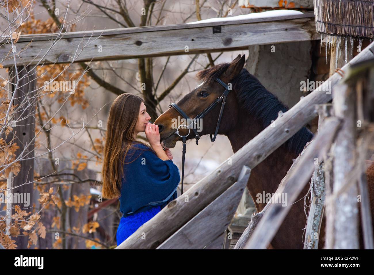Porträt eines glücklichen Mädchens, das ein Pferd umarmt und freudig auf das Pferd blickt Stockfoto