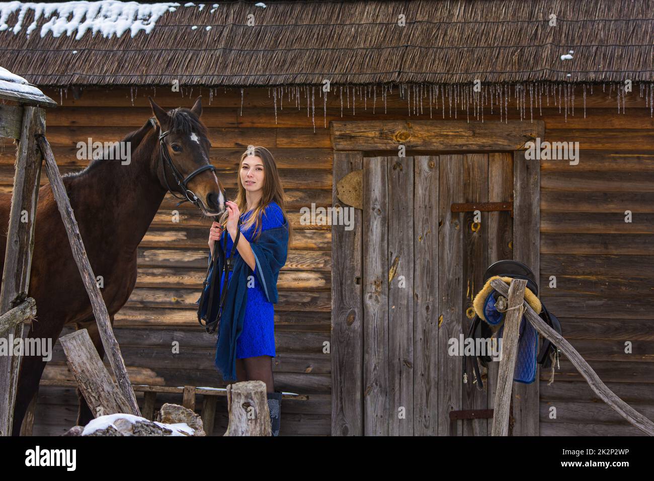 Ein Mädchen steht mit einem Pferd vor dem Hintergrund eines alten Holzhauses Stockfoto