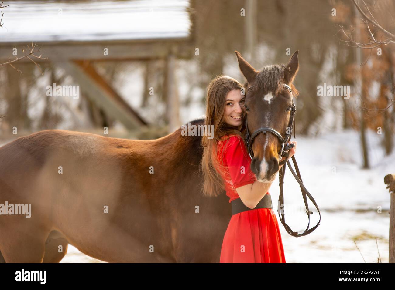 Ein schönes Mädchen in einem roten Kleid umarmt ein Pferd in den Strahlen der untergehenden Sonne Stockfoto