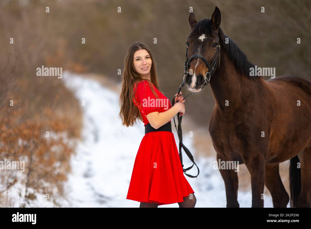 Ein schönes Mädchen in einem roten Kleid steht mit einem Pferd auf dem Hintergrund einer Winterstraße Stockfoto