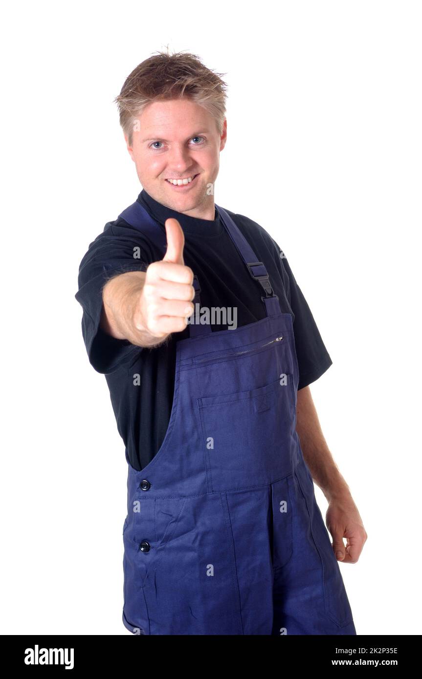 Porträt eines jungen Handwerkers, Arbeiter, Monteur vor weißem Hintergrund Stockfoto