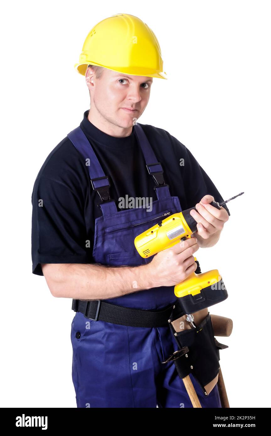 Porträt eines jungen Handwerkers, Arbeiter, Monteur vor weißem Hintergrund Stockfoto