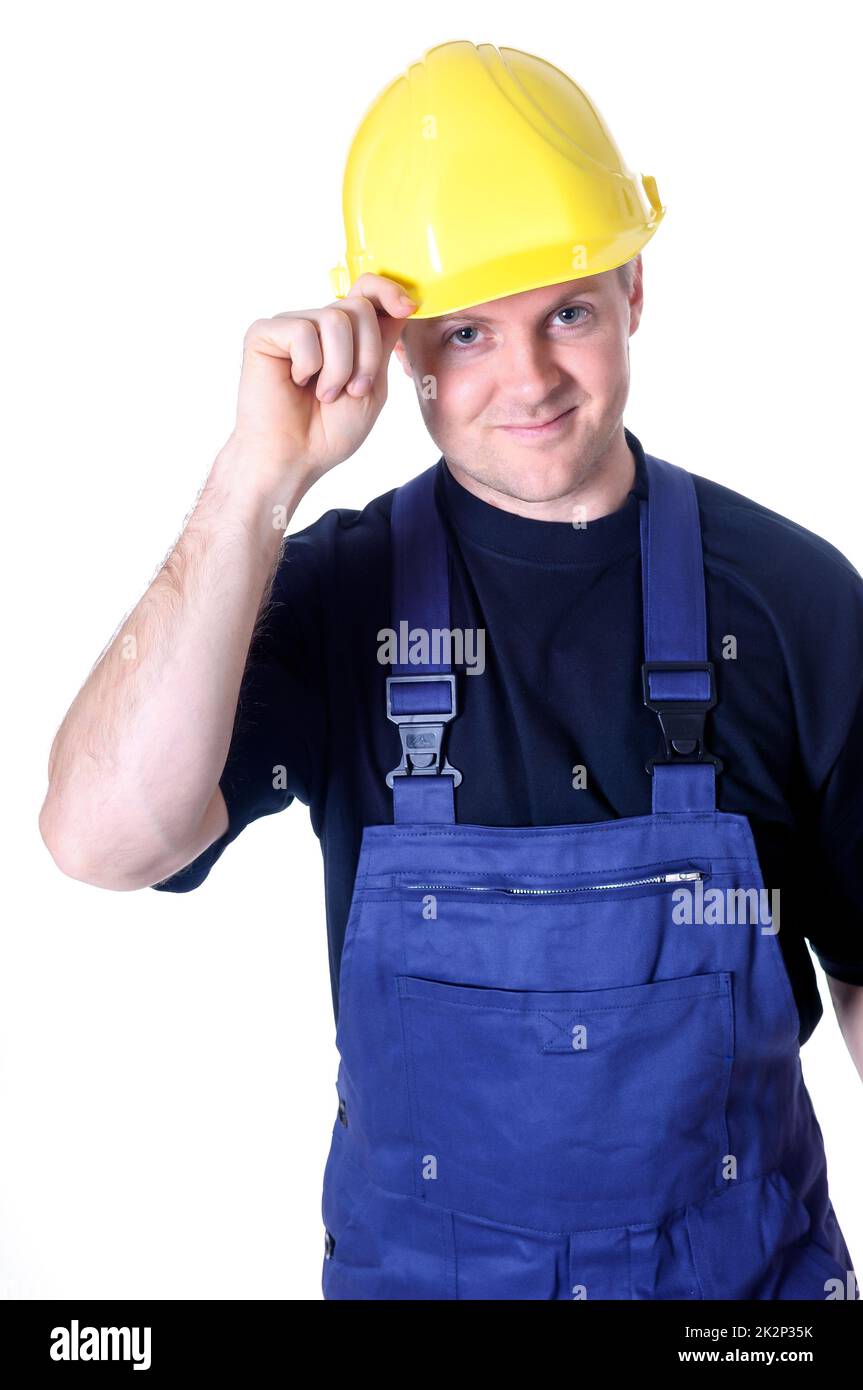 Porträt eines jungen Handwerkers, Arbeiter, Monteur vor weißem Hintergrund Stockfoto