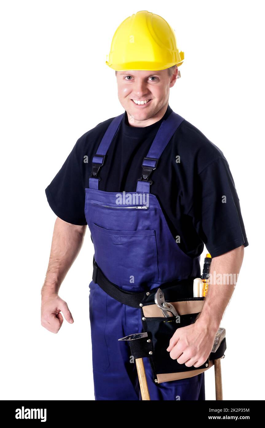 Porträt eines jungen Handwerkers, Arbeiter, Monteur vor weißem Hintergrund Stockfoto