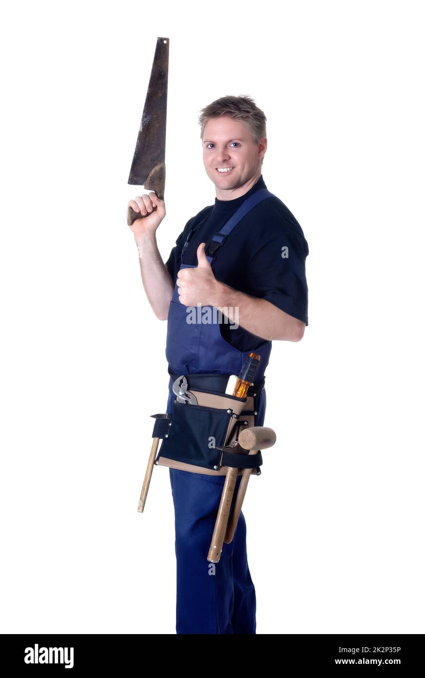 Porträt eines jungen Handwerkers, Arbeiter, Monteur vor weißem Hintergrund Stockfoto