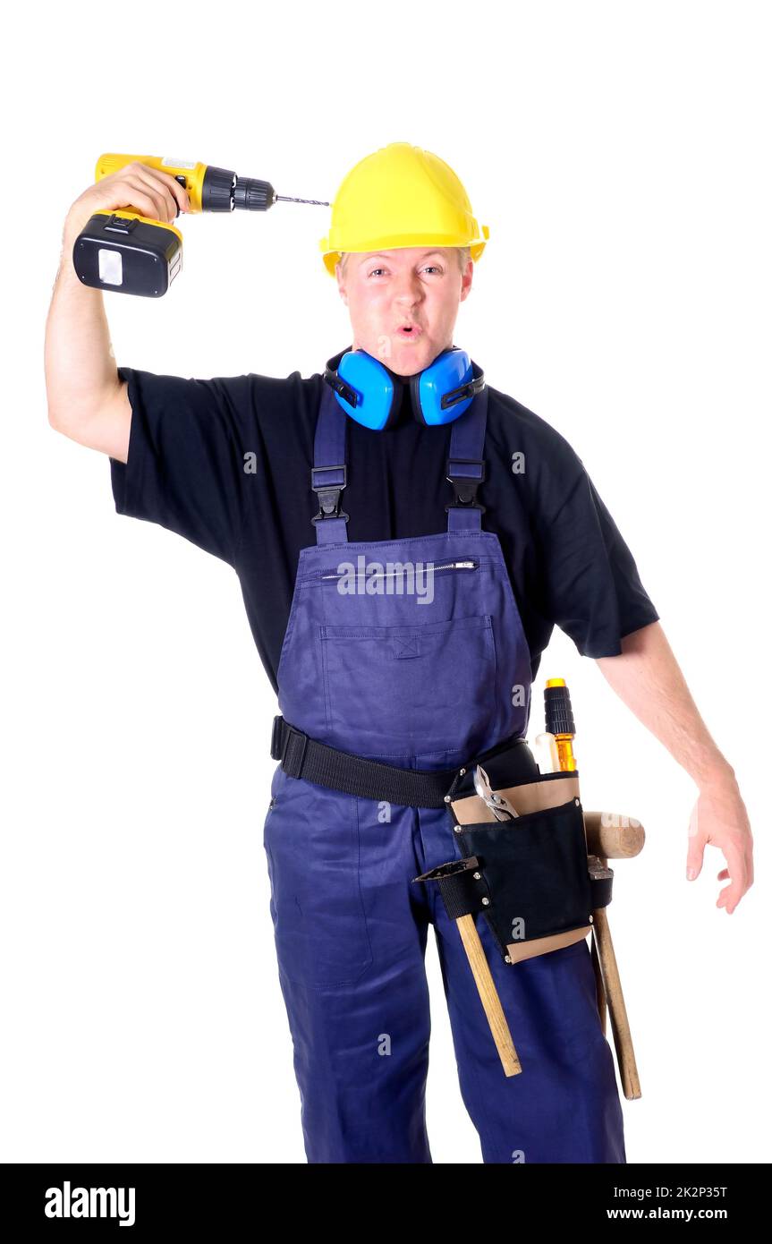 Porträt eines jungen Handwerkers, Arbeiter, Monteur vor weißem Hintergrund Stockfoto