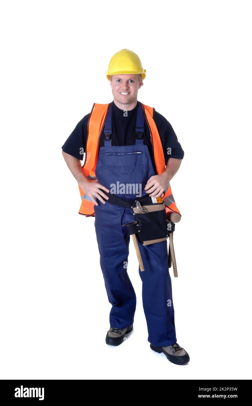 Porträt eines jungen Handwerkers, Arbeiter, Monteur vor weißem Hintergrund Stockfoto