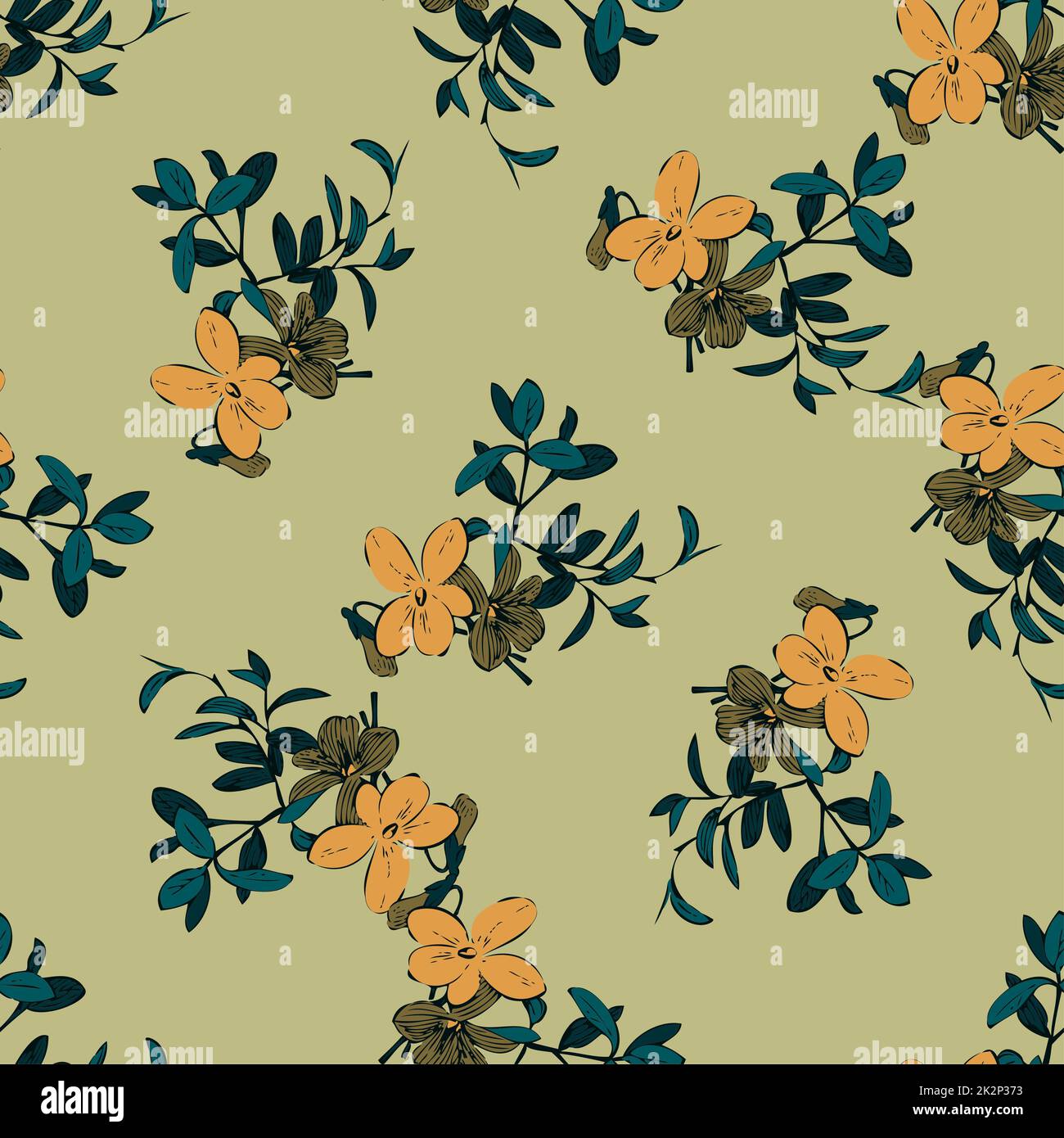 Zeichnen Sie mit der Hand blühende Wildblumen. Süßes abstraktes Blumenmuster im Hintergrund. Tapete mit botanischen Blumen. Vektorgrafik Design Mode, Textil, Verpackung, Aufdruck. Trendige grüne Pastelltöne Stockfoto