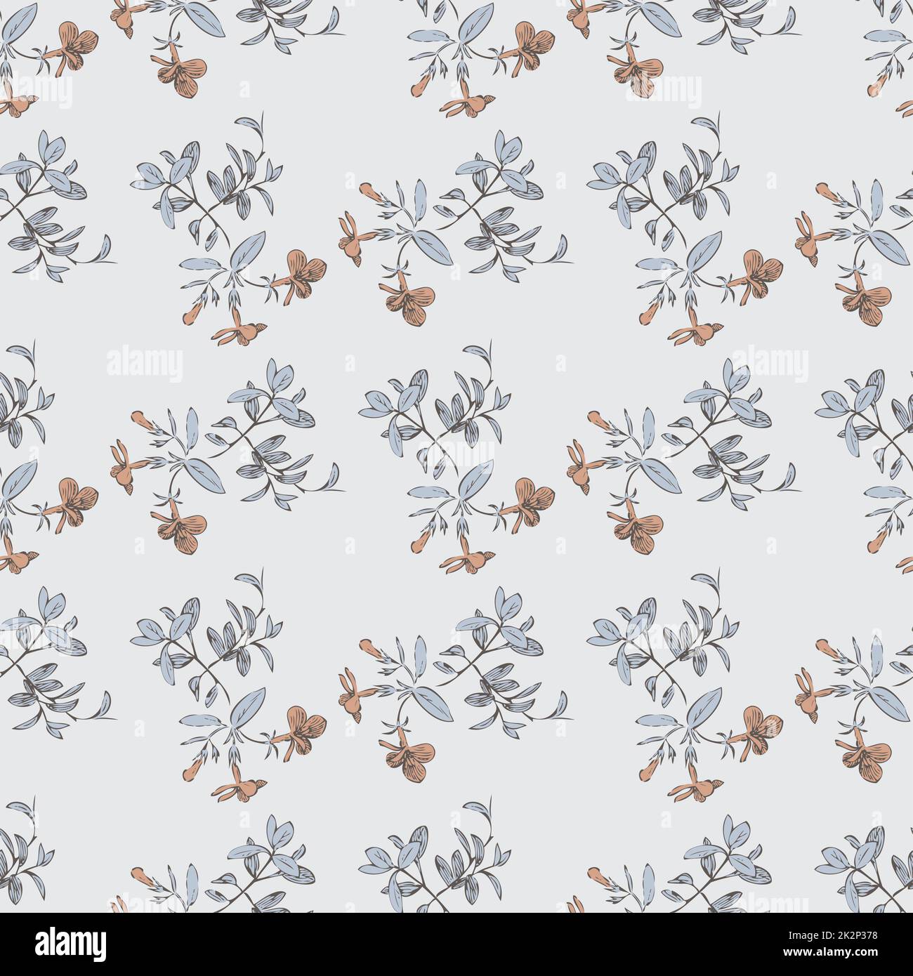Zeichnen Sie mit der Hand blühende Wildblumen. Süßes abstraktes Blumenmuster im Hintergrund. Tapete mit botanischen Blumen. Vektorgrafik Design Mode, Textil, Verpackung, Aufdruck. Trendige graue Pastelltöne Stockfoto