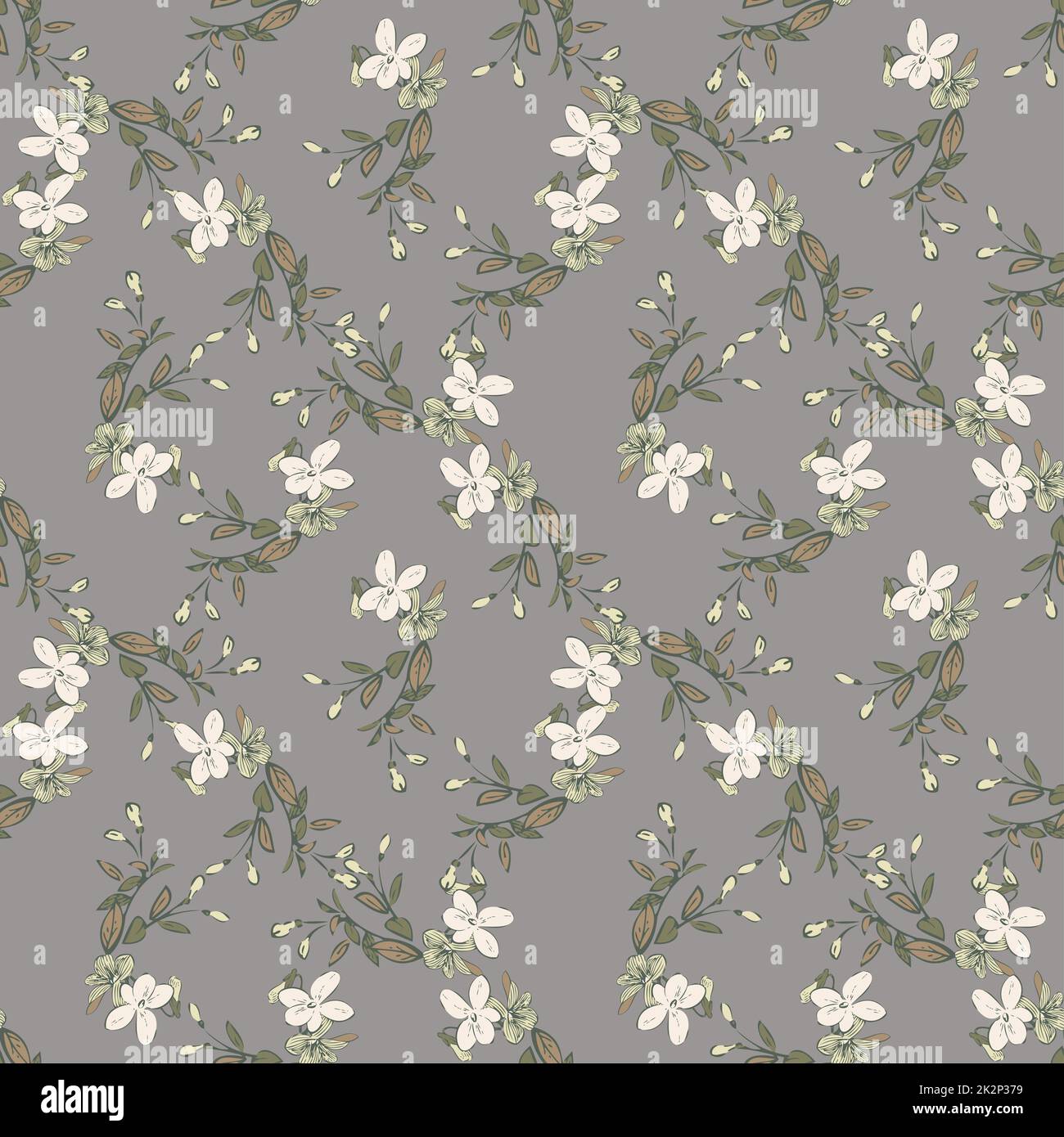 Zeichnen Sie mit der Hand blühende Wildblumen. Süßes abstraktes Blumenmuster im Hintergrund. Tapete mit botanischen Blumen. Vektorgrafik Design Mode, Textil, Verpackung, Aufdruck. Trendige graue Pastellfarben Stockfoto