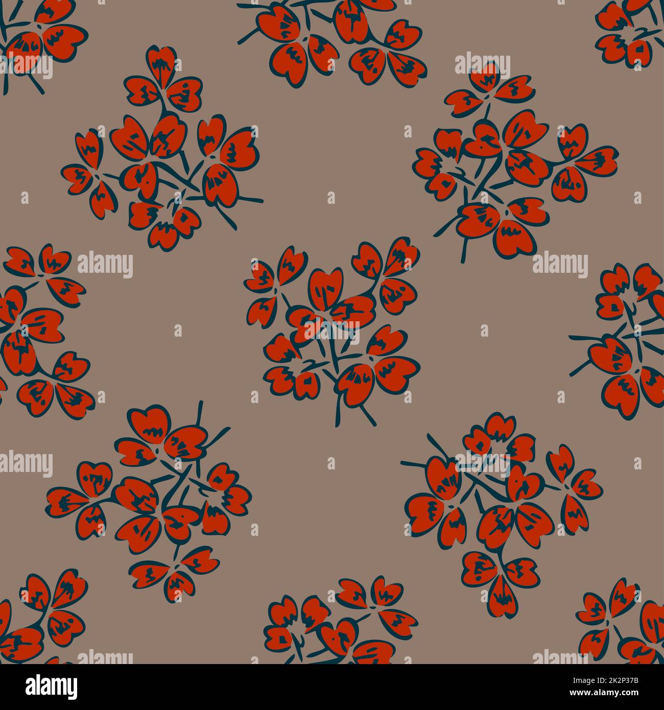 Zeichnen Sie mit der Hand Zweige mit Blättern. Süßes abstraktes Blumenmuster auf dem Hintergrund. Botanische Tapete. Vektorgrafik Design Mode, Textil, Verpackung, Aufdruck. Trendige rote Pastellfarben Stockfoto