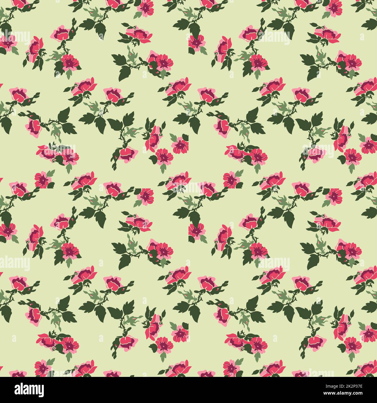 Zeichnen Sie mit der Hand Sakurasäste mit Blumen. Nahtloses Muster mit abstraktem Blumenmuster im Hintergrund. Tapete für botanische Sakura-Blumen. Vektorgrafik Design Mode, Textil, Verpackung, Aufdruck. Grünrosa Stockfoto