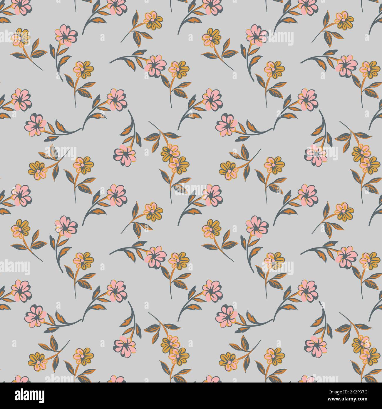Zeichnen Sie mit der Hand blühende Wildblumen. Süßes abstraktes Blumenmuster im Hintergrund. Tapete mit botanischen Blumen. Vektorgrafik Design Mode, Textil, Verpackung, Aufdruck. Trendige graue Pastellfarben Stockfoto