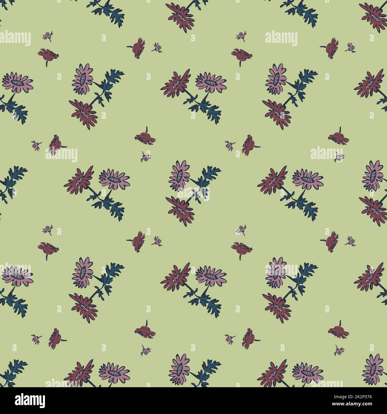 Zeichnen Sie mit der Hand blühende Wildblumen. Süßes abstraktes Blumenmuster im Hintergrund. Tapete mit botanischen Blumen. Vektorgrafik Design Mode, Textil, Verpackung, Aufdruck. Trendige Pastellfarben Stockfoto