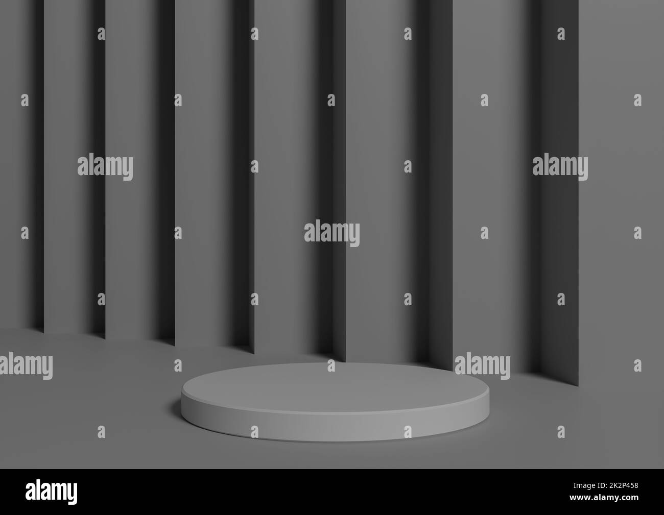 Einfache, minimale 3D Render Komposition mit einem weißen Zylinder Podium oder Stand auf abstraktem dunkelgrauem Hintergrund für Produktanzeige Stockfoto