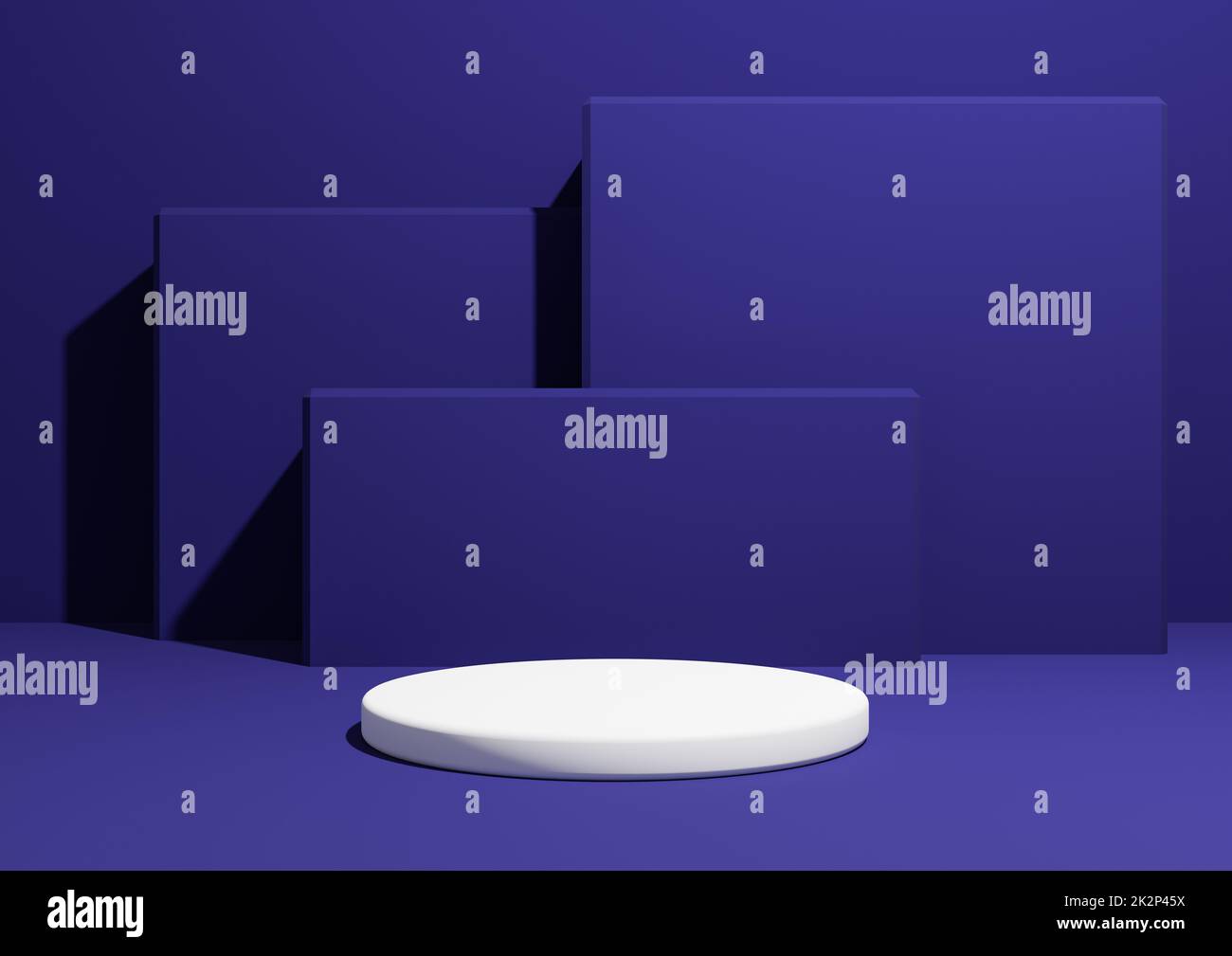 Dunkelblau, 3D Render eines einfachen, minimalistischen Produktdisplays mit einem Podium oder einem Ständer und geometrischen quadratischen Formen im Hintergrund. Stockfoto