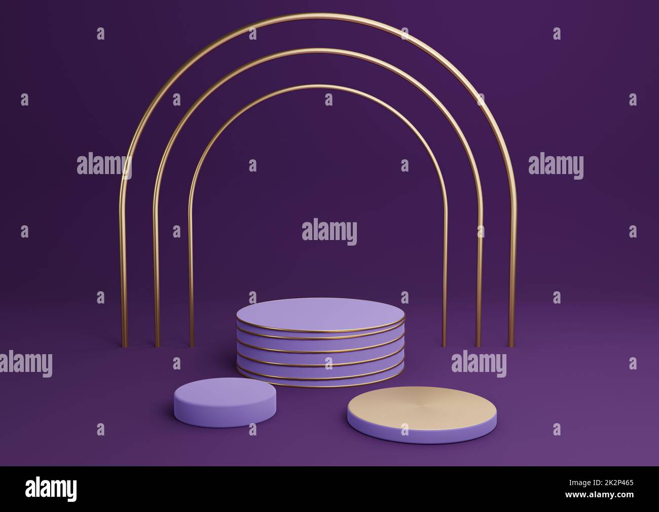 Dunkellila, violett 3D-Rendering Einfache Produktdarstellung Zylinderpodien mit luxuriösem goldenen Bogen und Linien drei stehen für minimalen Hintergrund abstrakte Komposition Stockfoto
