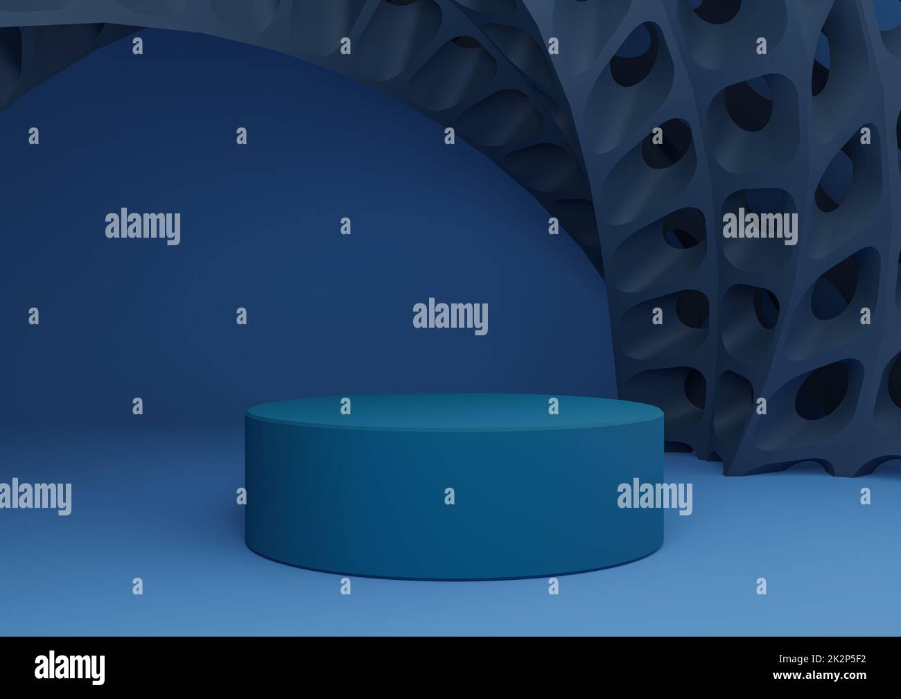 Helle, dunkle, pastellblaue 3D-Produktanzeige mit Zylinderständer oder -Podium und futuristischen abstrakten geometrischen Formen Moderne Vorlage für minimale Komposition im Hintergrund Stockfoto