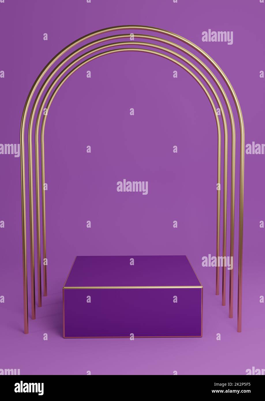 Leuchtendes Lila, violett, 3D-Darstellung für minimales Produktdisplay, Würfeltreppchen oder Ständer mit luxuriösen goldenen Bögen und goldenen Linien. Einfache abstrakte Hintergrundkomposition. Stockfoto