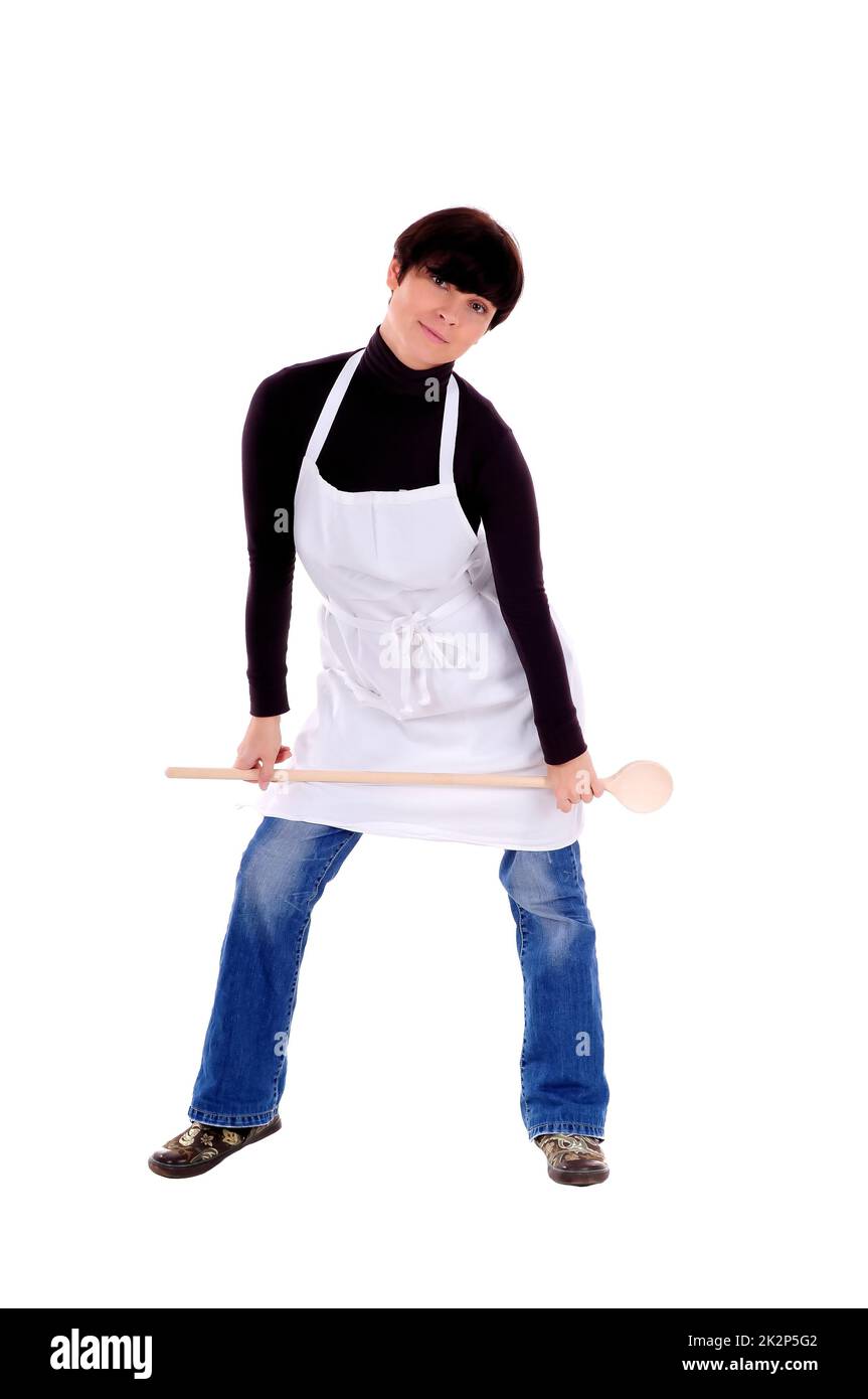 Porträt eines Kochs in Kochkleidung vor weißem Hintergrund. Stockfoto