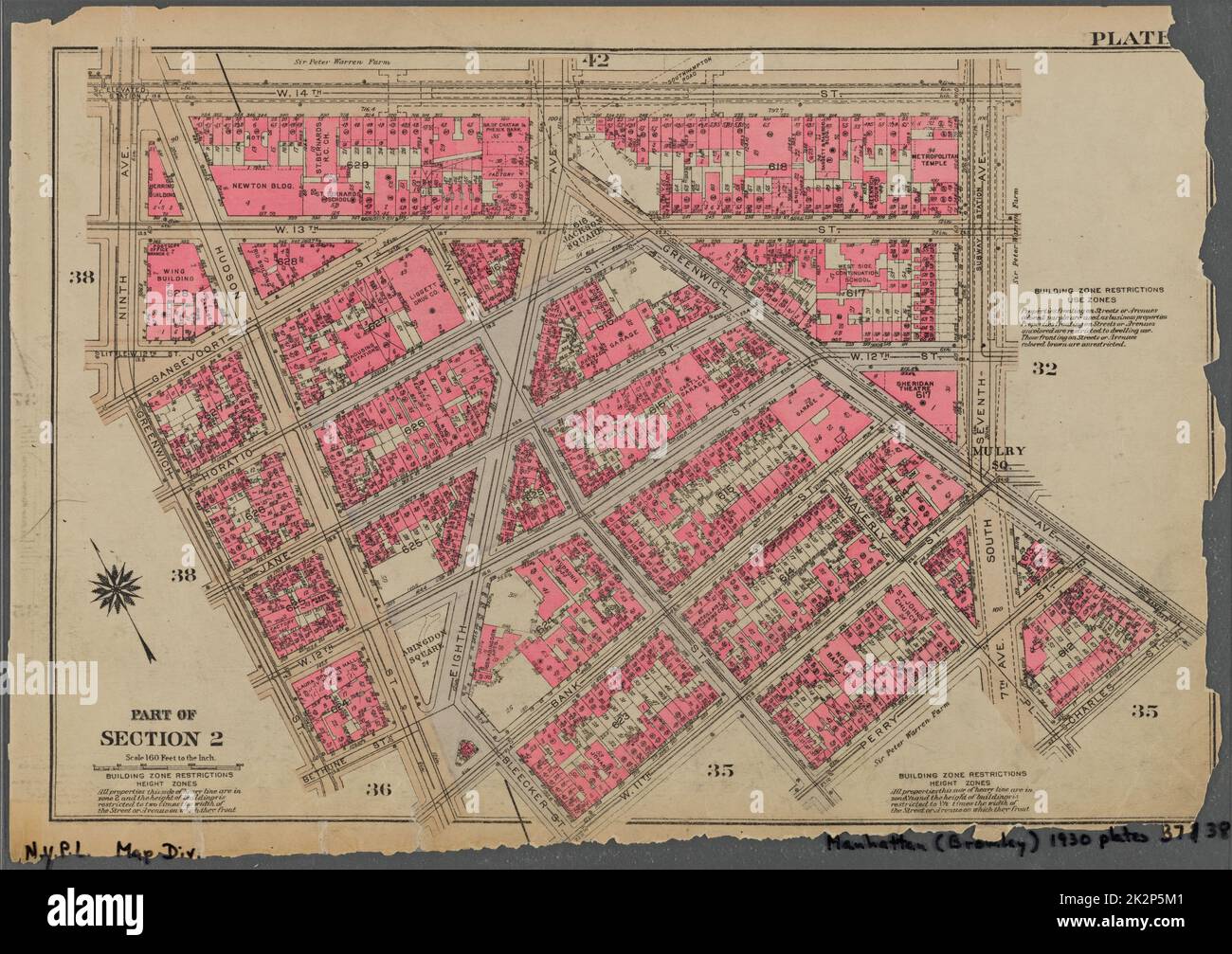 Kartografisch, Karten. 1930. Lionel Pincus und Prinzessin Firyal Map Division. Immobilien , New York (Bundesstaat) , New York, Manhattan (New York, N.Y.) Tafel 37, Teil von Abschnitt 2: Begrenzt durch W. 14. Street, Seventh Avenue, Greenwich Avenue, Charles Street, Waverly Place, Perry Street, W. 4. Street, W. 11. Street, Bleecker Street, Bank Street, Hudson Street, Bethune Street, Greenwich Street und Ninth Avenue Stockfoto