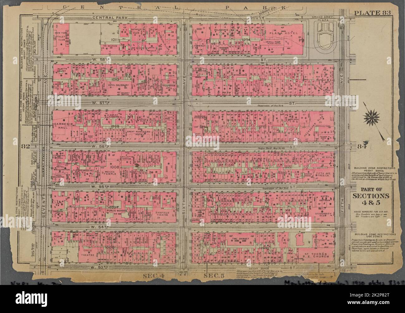 Kartografisch, Karten. 1930. Lionel Pincus und Prinzessin Firyal Map Division. Immobilien , New York (Bundesstaat) , New York, Manhattan (New York, N.Y.) Platte 83, Teil der Abschnitte 4 und 5: Begrenzt durch Central Park South, Fifth Avenue, W. 53. Street und Seventh Avenue Stockfoto