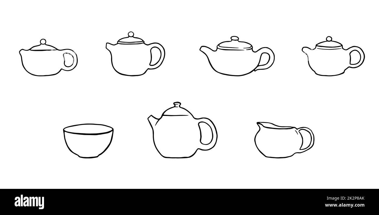 Tonköpfen mit Kritzeln Illustrationen. Set mit chinesischen Teekannen Stockfoto
