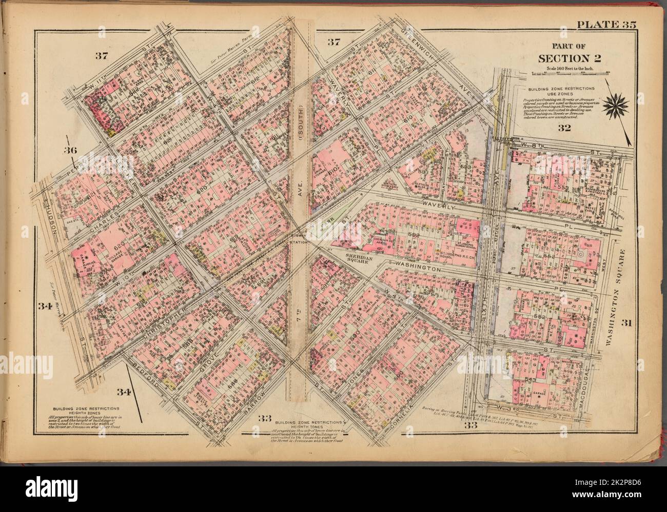 Kartografisch, Karten. 1927. Lionel Pincus und Prinzessin Firyal Map Division. Immobilien , New York (Bundesstaat) , New York, Manhattan (New York, N.Y.) Tafel 35, Teil von Abschnitt 2: Begrenzt durch W. 11. Street, W. 4. Street, Perry Street, Waverly Place, Charles Street, Greenwich Avenue, Sixth Avenue, W. 8. Street, Macdougal Street, W. 3. Street, Sixth Avenue, Cornelia Street, Bleecker Street, Barrow Street, Bedford Street, Christopher Street, Hudson Street, Perry Street und Bleecker Street Stockfoto