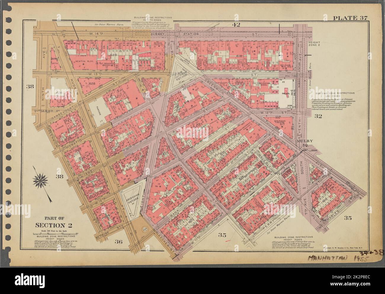 Kartografisch, Karten. 1955 - 1956. Lionel Pincus und Princess Firyal Map Division. Immobilien , New York (Bundesstaat) , New York (N.Y.), Manhattan (New York, N.Y.) Tafel 37, Teil von Abschnitt 2: Begrenzt durch W. 14. Street, Seventh Avenue, Greenwich Avenue, Charles Street, Waverly Place, Perry Street, W. 4. Street, W. 11. Street, Bleecker Street, Bank Street, Hudson Street, Bethune Street, Greenwich Street und Ninth Avenue. Stockfoto