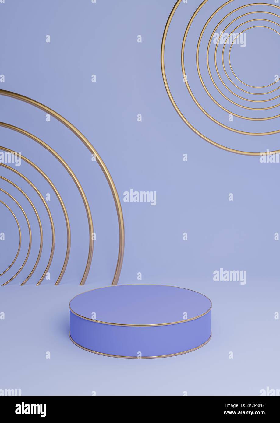 Helles, pastellblaues 3D-Rendering minimales Produktdisplay luxuriöses Zylinderpodium oder Produkthintergrund abstrakte Komposition mit goldenen Linien und Kreisen Stockfoto