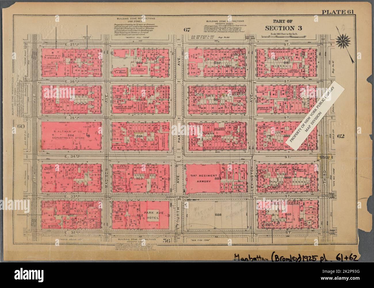 Kartografisch, Karten. 1925. Lionel Pincus und Prinzessin Firyal Map Division. Immobilien , New York (Bundesstaat) , New York, Manhattan (New York, N.Y.) Platte 61, Teil von Abschnitt 3: Begrenzt durch E. 37. Street, Third Avenue, E. 32. Street und Fifth Avenue Stockfoto