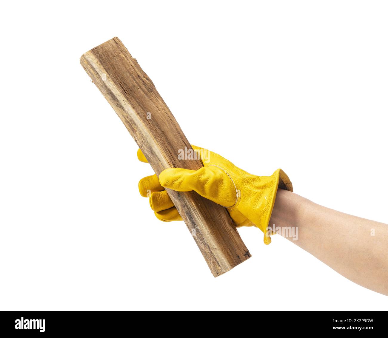 Ein Mann mit gelben Lederhandschuhen hält Feuerholz vor weißem Hintergrund. Stockfoto