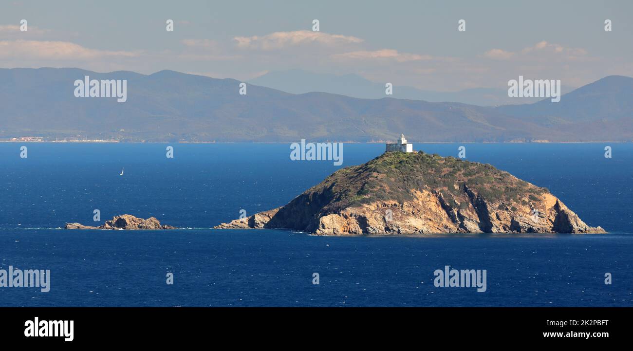 Palmaiola Insel im Mittelmeer zwischen Piombino und Elba mit Leuchtturm Stockfoto