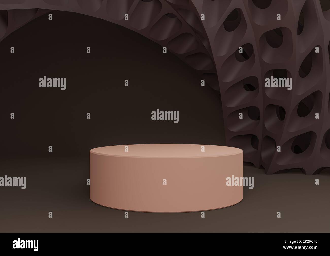 Dunkelbraune 3D-Produktanzeige mit Zylinderständer oder -Podium und futuristischen abstrakten geometrischen Formen Moderne Vorlage für minimale Zusammensetzung im Hintergrund Stockfoto