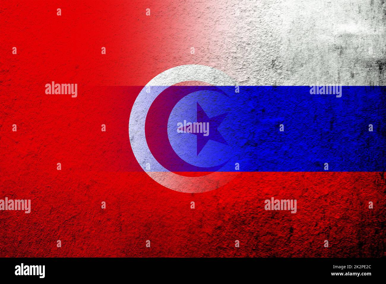 Nationalflagge der Russischen Föderation mit der Republik Tunesien Nationalflagge. Grungen Hintergrund Stockfoto