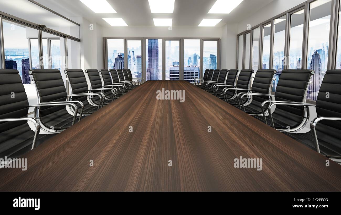 Konferenztisch und Bürostühle im Sitzungssaal. 3D Abbildung Stockfoto