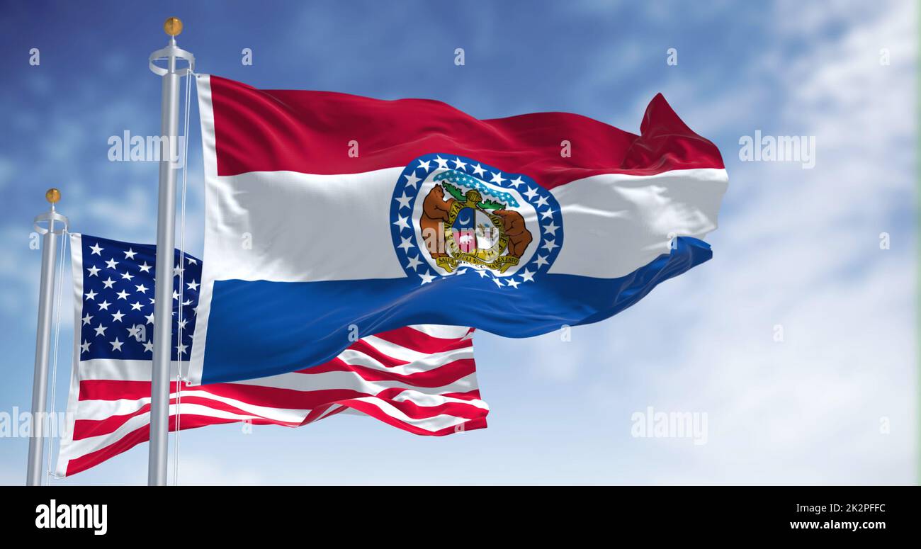 Die Flagge des Staates Missouri winkt zusammen mit der Nationalflagge der Vereinigten Staaten von Amerika Stockfoto