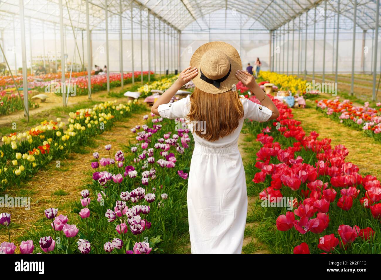 Schönes Mädchen mit weißem Kleid und Strohhut zu Fuß zwischen bunten Tulpen im Frühling Stockfoto