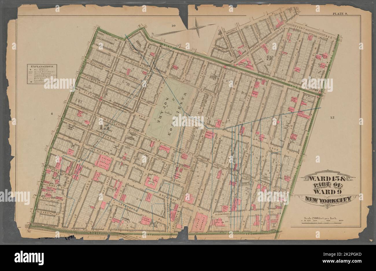 Kartografisch, Karten. 1879. Lionel Pincus und Prinzessin Firyal Map Division. Immobilien , New York (Bundesstaat) , New York Plate 9: Begrenzt durch Hancock Street, Bleecker Street, Sixth Avenue, Waverly Place, W. 11. Street, Seventh Avenue, W. 14. Street, Fourth Avenue, Bowery und Houston Street. Station 15 und Teil von Station 9. New York City. Stockfoto