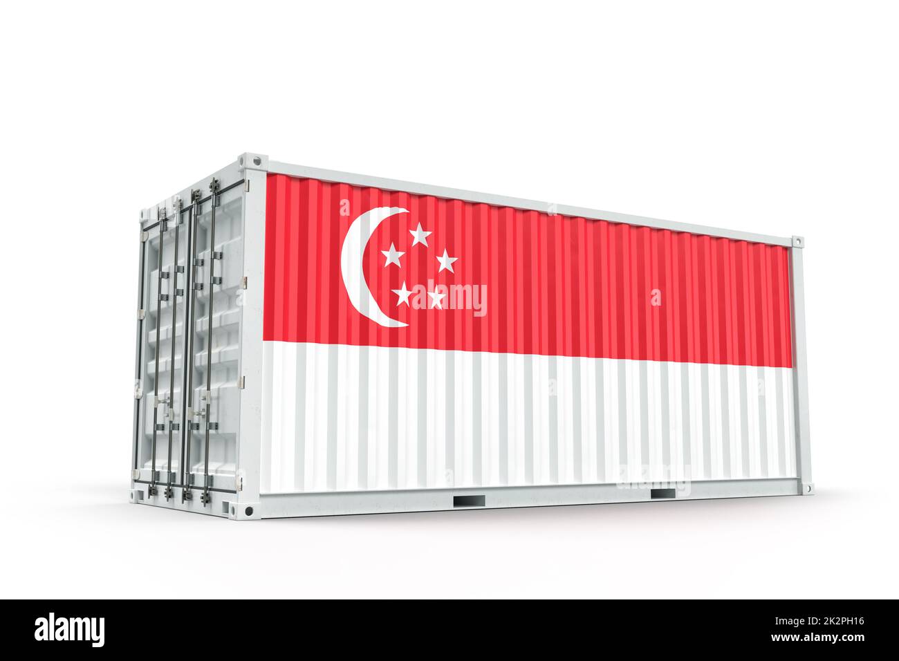 Shipping Cargo Container strukturiert mit Flagge von Singapur. Isoliert. 3D Rendering Stockfoto