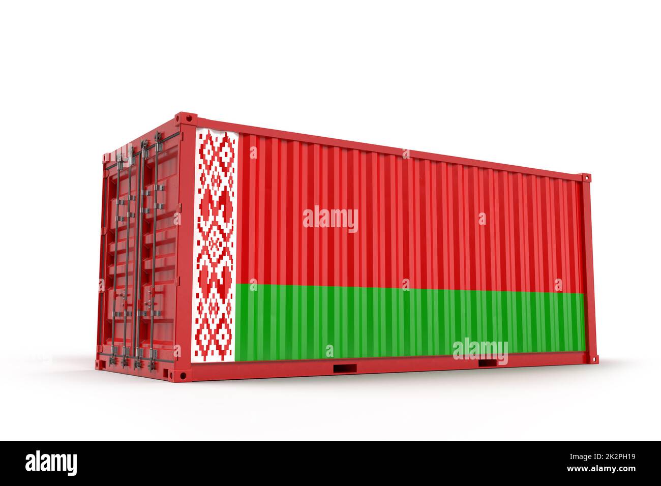 Shipping Cargo Container strukturiert mit Flagge von Belarus. Isoliert. 3D Rendering Stockfoto