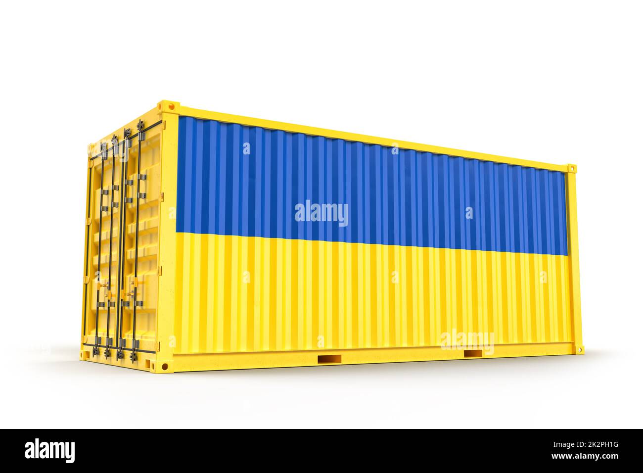 Shipping Cargo Container strukturiert mit Flagge der Ukraine. Isoliert. 3D Rendering Stockfoto