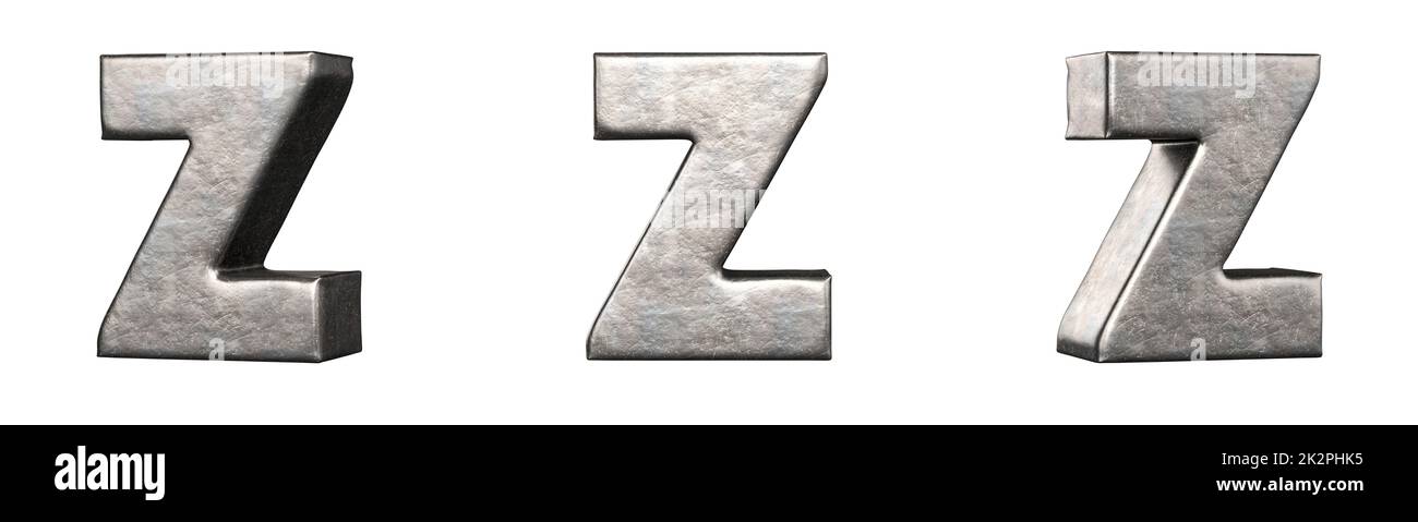 Buchstabe Z aus einer Sammlung zerkratzter Eisenbriefe. Isoliert. 3D-Rendering Stockfoto